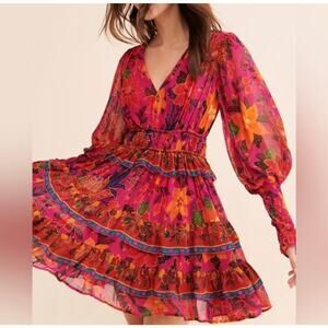 FARM Rio Tropical Tapestry Pink Floral Mini Dress Magenta Orange Size XS